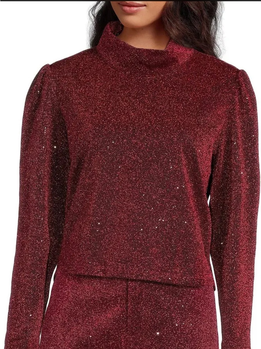 Buru Sparkly Mock Neck Long-Sleeve Blouse - Burgundy